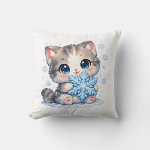Kawaii-Schneeflocken-Kitty – Süße Winterkatze Kissen