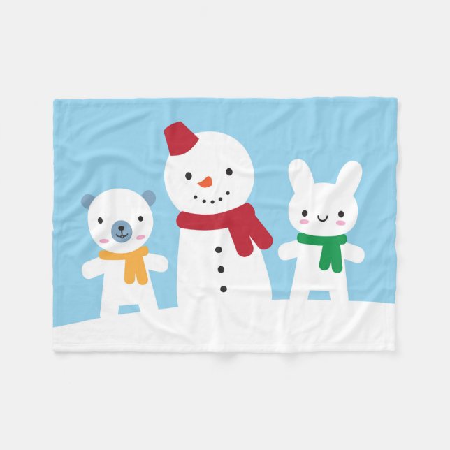 Kawaii Schneetag mit Hase und Bär Fleecedecke (Vorderseite (Horizontal))