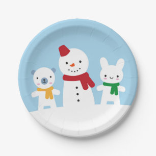 Kawaii Schneetag mit Hase und Bär Pappteller
