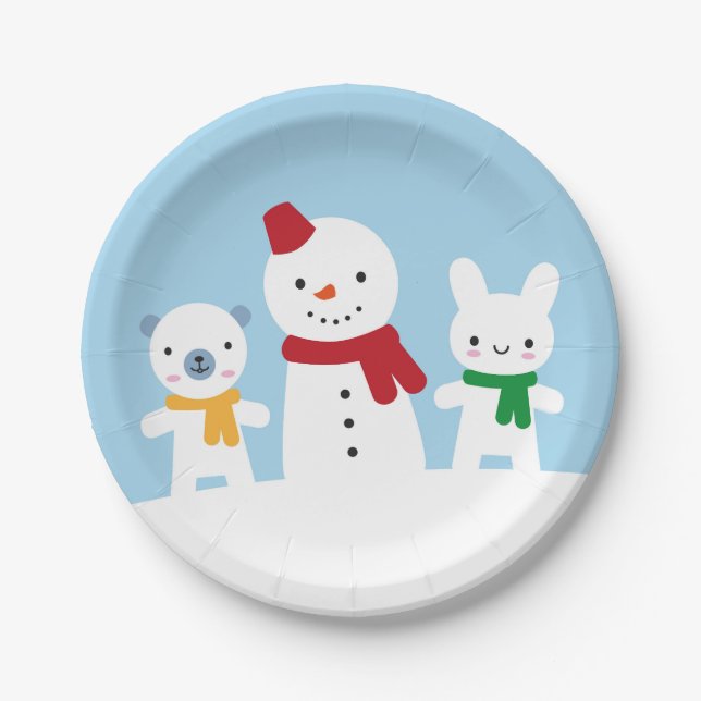 Kawaii Schneetag mit Hase und Bär Pappteller (Vorderseite)