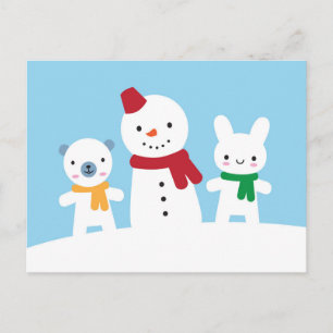 Kawaii Schneetag mit Hase und Bär Postkarte