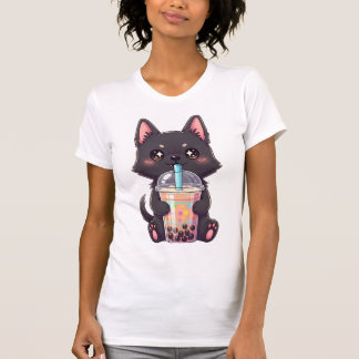Kawaii Schwarze Katze trinkt Boba-Tee - Süße Anime T-Shirt