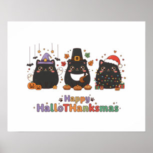 Kawaii Schwarze Katzen Glückliches HalloThanksmas Poster