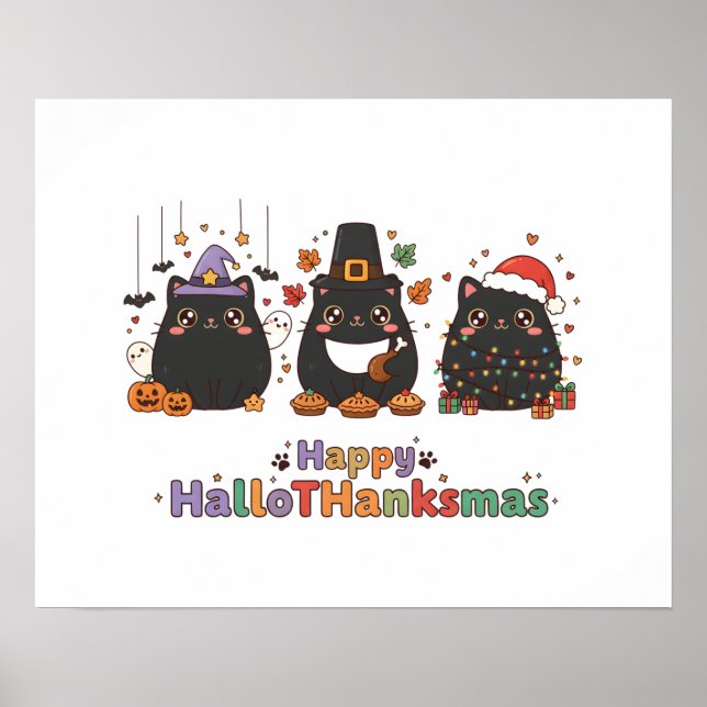 Kawaii Schwarze Katzen Glückliches HalloThanksmas  Poster (Vorne)