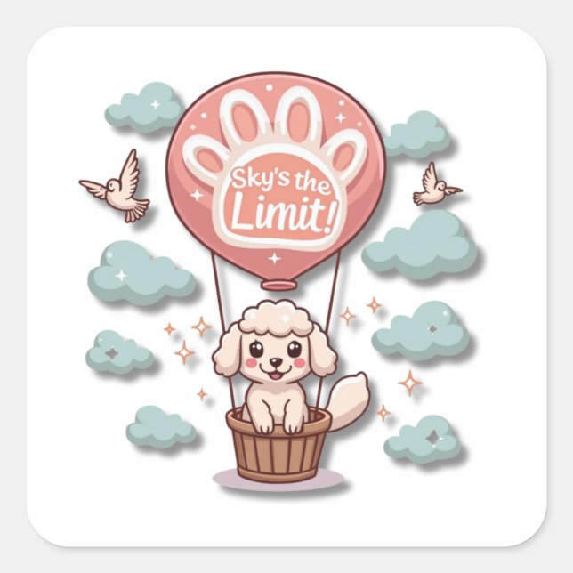 Kawaii Sheepdog in Hot Air Ballon Quadratischer Aufkleber (Vorderseite)