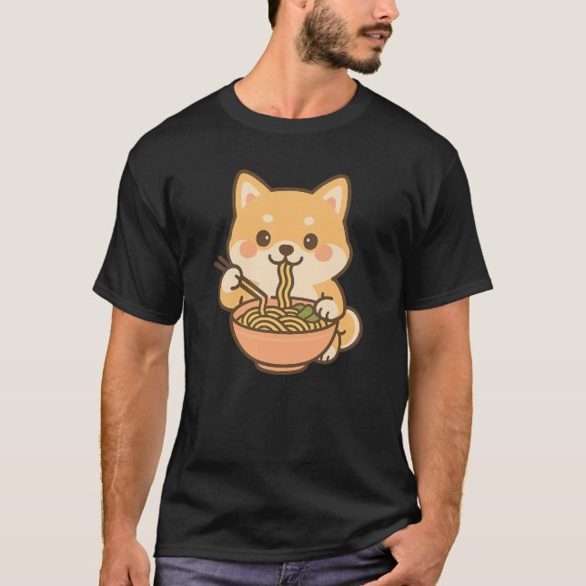 Kawaii Shiba Inu Eating Ramen - Niedlicher Noodle  T-Shirt (Vorderseite)