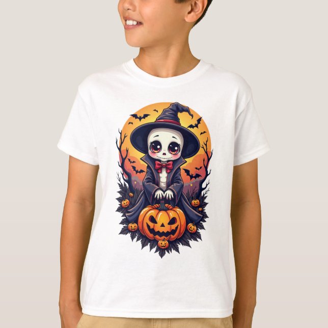 Kawaii Skeleton Hexe mit Pumpkin T-Shirt (Vorderseite)