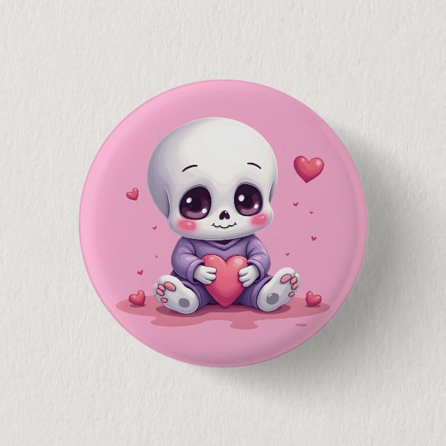 Kawaii Skeleton Holding Heart Button (Vorderseite)