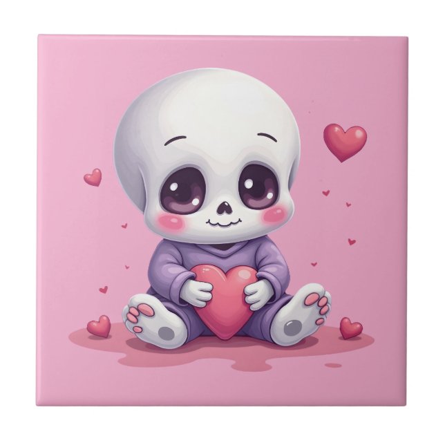 Kawaii Skeleton Holding Heart Fliese (Vorderseite)