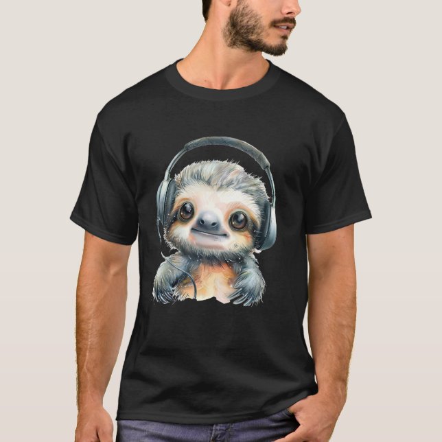 Kawaii Sloth Headphones Animal Sketch Music Lover T-Shirt (Vorderseite)