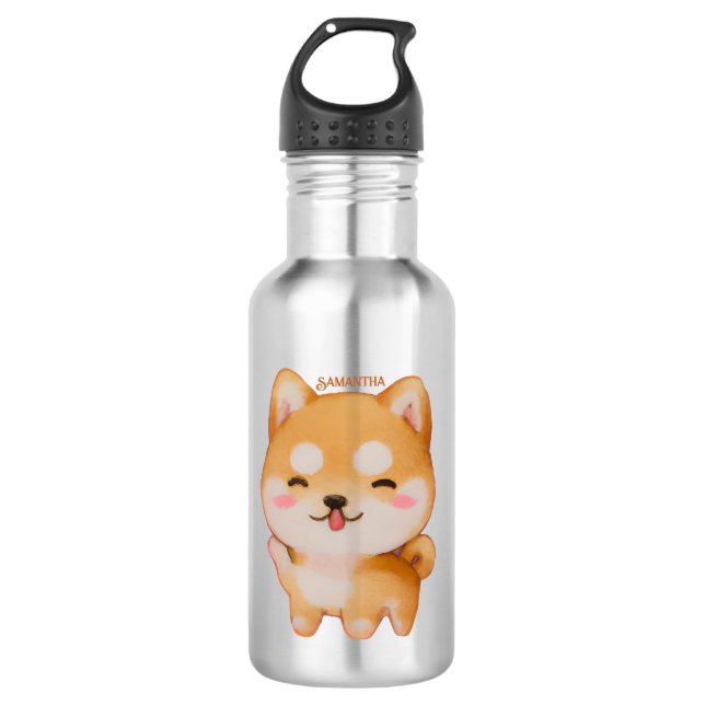 Kawaii Smiling Cartoon-Style Shiba Inu Edelstahlflasche (Vorderseite)