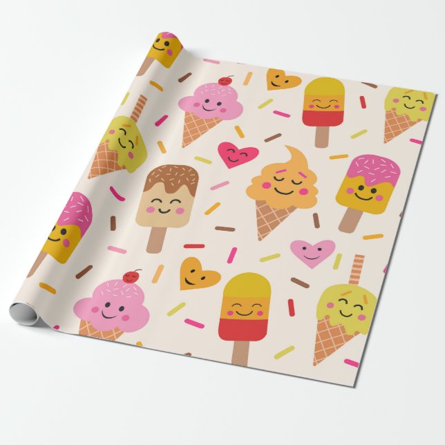 Kawaii Smiling Ice Creme Kindergeburtstag Geschenkpapier (Ungerollt)