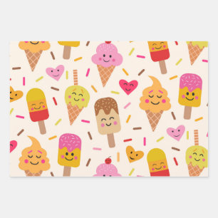 Kawaii Smiling Ice Creme Kindergeburtstag Geschenkpapier Set