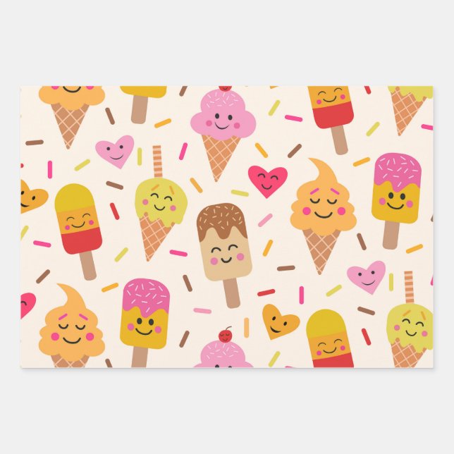 Kawaii Smiling Ice Creme Kindergeburtstag Geschenkpapier Set (Vorderseite)