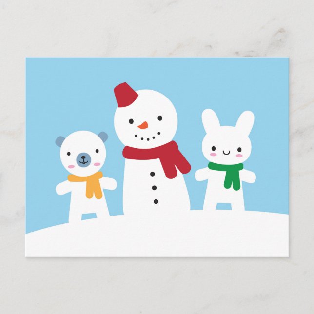Kawaii Snow Day with Bunny & Bear Postkarte (Vorderseite)