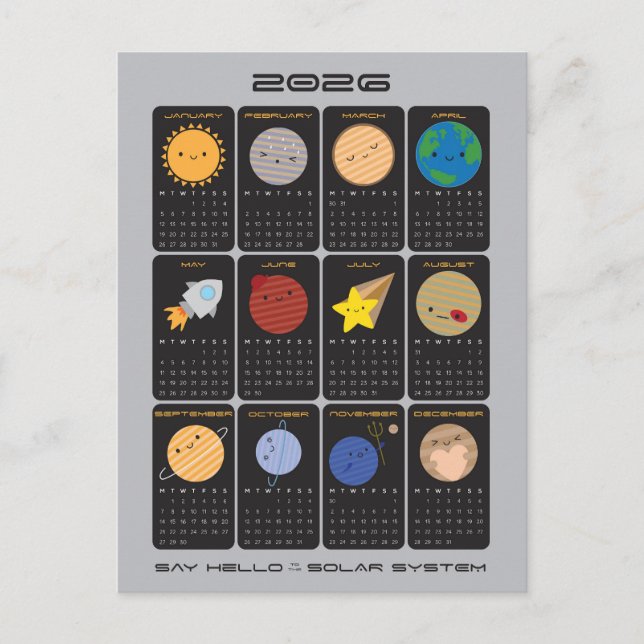 Kawaii Solar System 2026 Kalender Postkarte (Vorderseite)