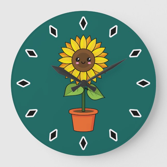 Kawaii Sonnenblume Pflanze in einem Topf Große Wanduhr (Vorderseite)