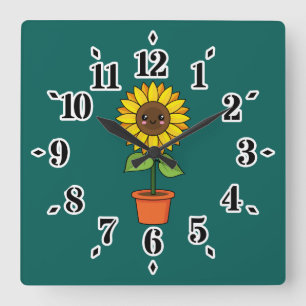 Kawaii Sonnenblume Pflanze in einem Topf Quadratische Wanduhr