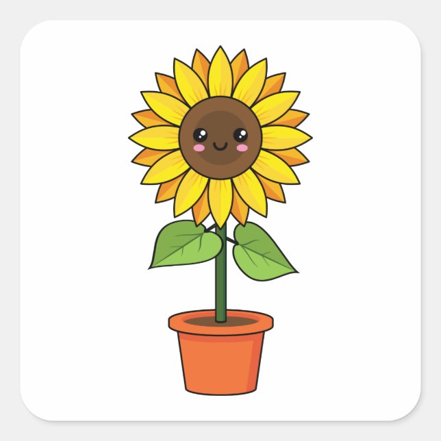 Kawaii Sonnenblume Pflanze in einem Topf Quadratischer Aufkleber (Vorderseite)