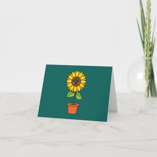 Kawaii Sonnenblume Pflanze in einem Topf | Text hi Dankeskarte (Vorderseite)