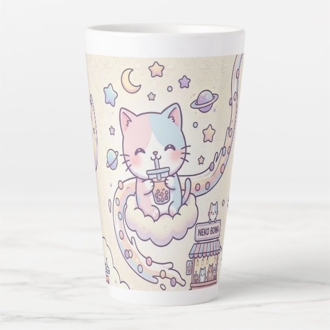 Kawaii Space Cat Drinking Boba Latte Mug  Milchtasse (Vorderseite)