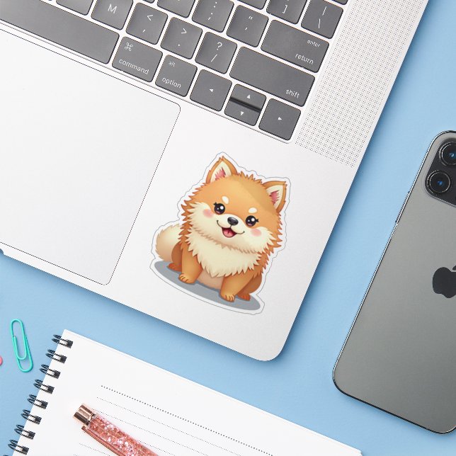 Kawaii-Spitz, charmantes Bow-Wow, klein Aufkleber (Laptop mit iPhone)