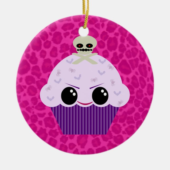 Kawaii Spooky Cupcake Pink Leopard Print Ornament (Vorne)