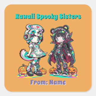 Kawaii Spooky Sisters Anime Chibi Orange Halloween Quadratischer Aufkleber