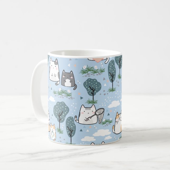 Kawaii Spring Cats Nattern Pattern Kaffeetasse (Vorderseite Links)