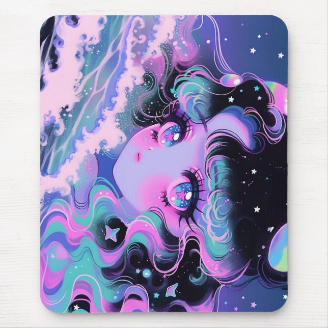 Kawaii-Star-Sea-Mädchen unter kosmischen Wellen Mousepad (Vorne)