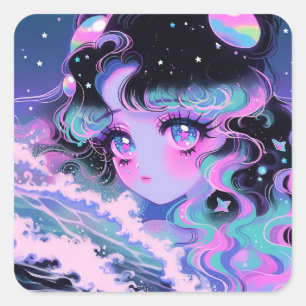 Kawaii-Star-Sea-Mädchen unter kosmischen Wellen Quadratischer Aufkleber