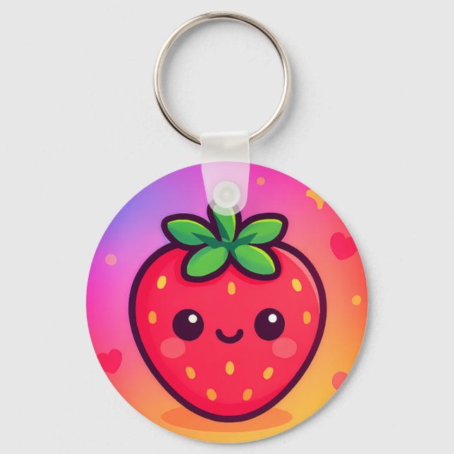 Käwaii Strawberry auf Pastel Gradient Backg lächel Schlüsselanhänger (Vorderseite)