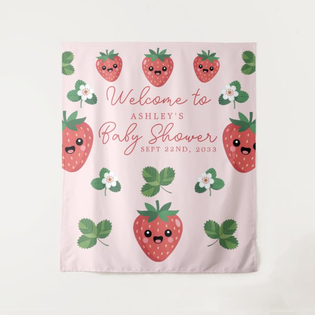 Kawaii Strawberry Babydusche Hintergrund Wandteppich (Vorderseite)