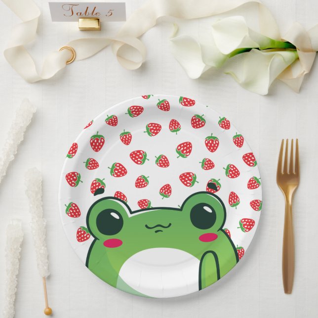 Kawaii Strawberry Frog Postcard Pappteller (Hochzeit)