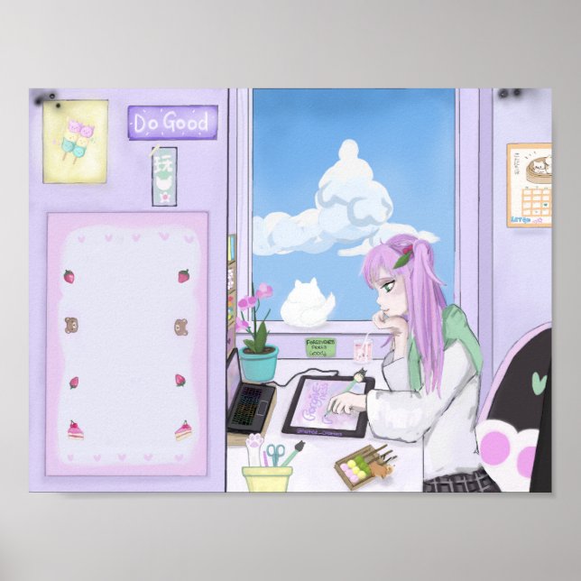 Kawaii Strawberry Girl Zeichnend Poster für digita (Vorne)