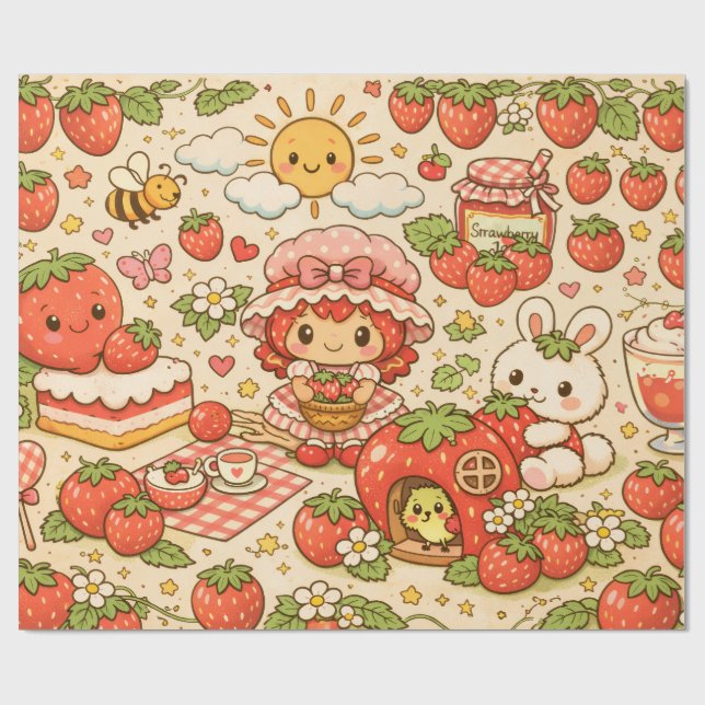 Kawaii Strawberry Picnic Wrapping Paper Geschenkpapier (Flach)