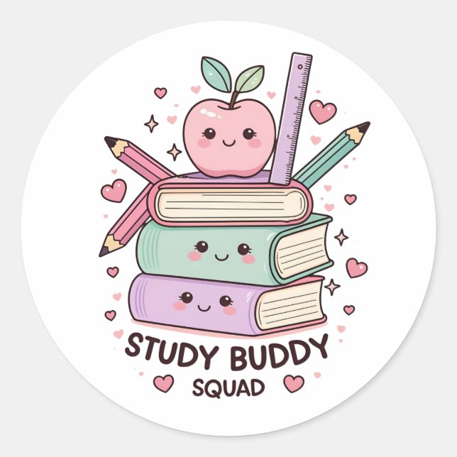 Kawaii Study Buddy Squad School Supplier Runder Aufkleber (Vorderseite)