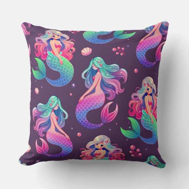 Kawaii Style Mermaids Nahtlos Lila Kissen (Vorderseite)