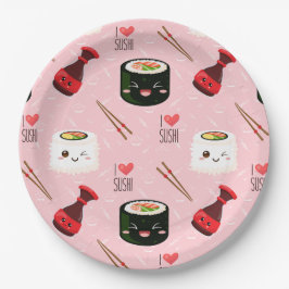 Kawaii Sushi Muster Light Pink Pappteller