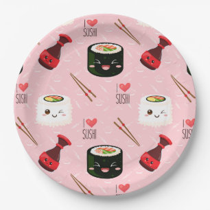 Kawaii Sushi Muster Light Pink Pappteller