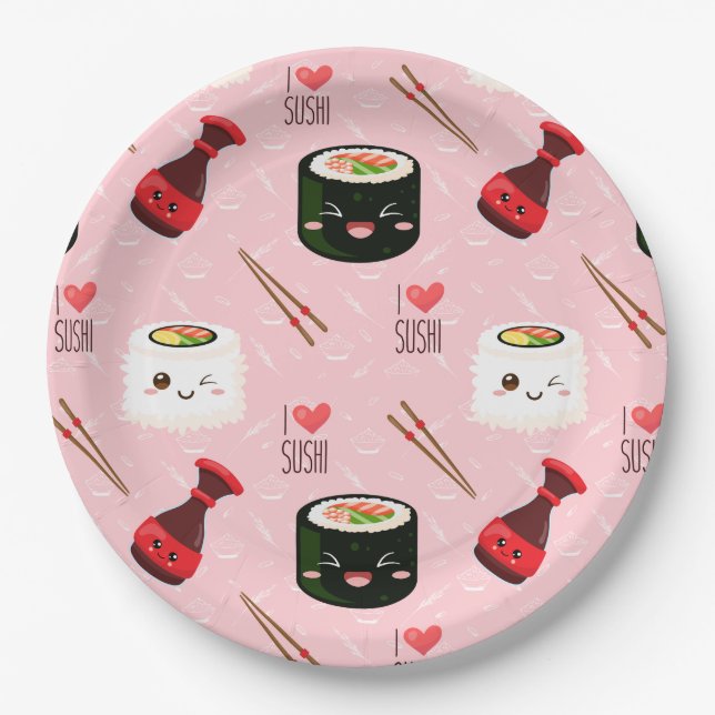 Kawaii Sushi Muster Light Pink Pappteller (Vorderseite)