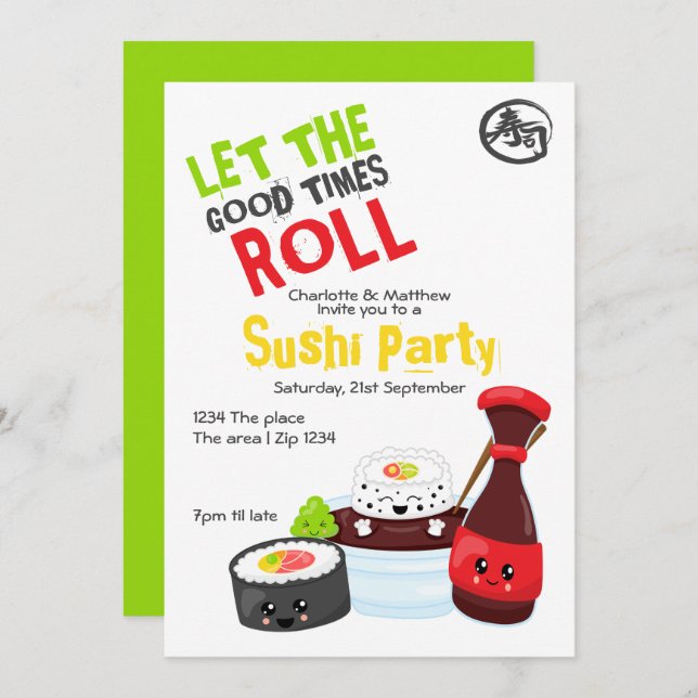 Kawaii Sushi Party Ließ die Rolle der guten Zeiten Einladung (Vorne/Hinten)