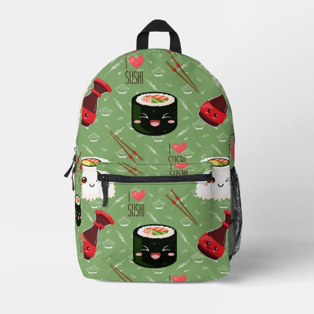 Kawaii Sushi Pattern Bedruckter Rucksack (Vorderseite)