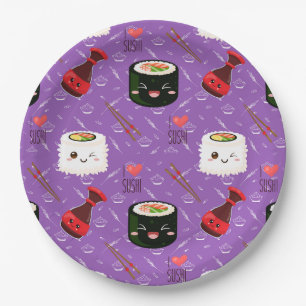 Kawaii Sushi Pattern Lila Pappteller