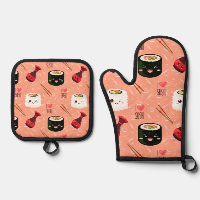 Kawaii Sushi Pattern Ofenhandschuh & Topflappen-Set (Vorderseite)