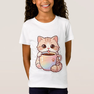 Kawaii Süße Katze in Regenbogen-Kaffeetasse T-Shir T-Shirt