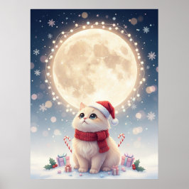 Kawaii Süße Katze Weihnachten Mit Mond Poster