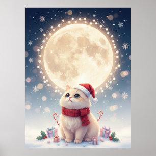 Kawaii Süße Katze Weihnachten Mit Mond Poster