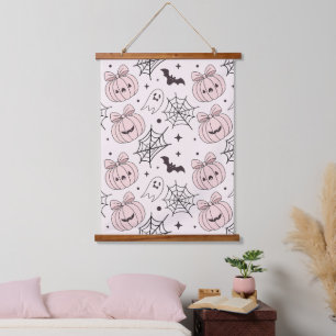Kawaii Süßer Rosa Gruseliger Halloween-Muster Wandteppich Mit Holzrahmen