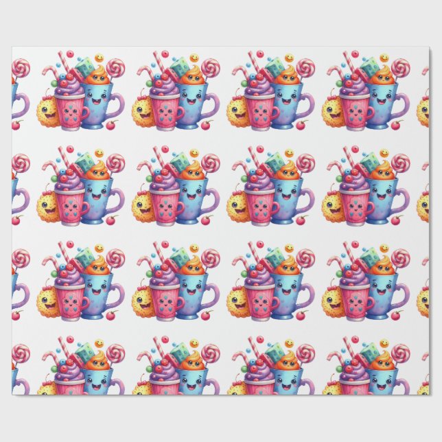 Kawaii Sweets & Coffee Cups Cute  Wrapping paper Geschenkpapier (Flach)